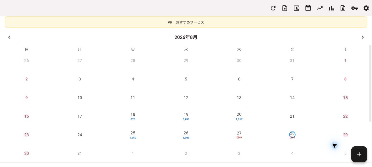 Profit Trackerの実際の収支カレンダー画面